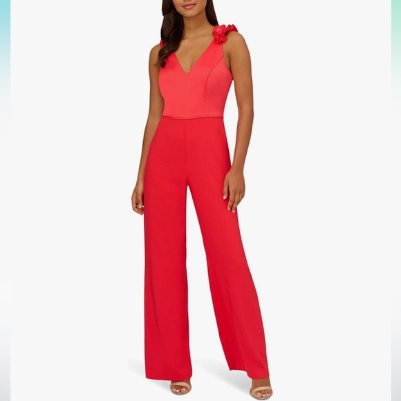 Adrianna Papell Ruffle Shoulder Stretch Crepe Jumpsuit in Calypso Coral - Picture 1 of 11